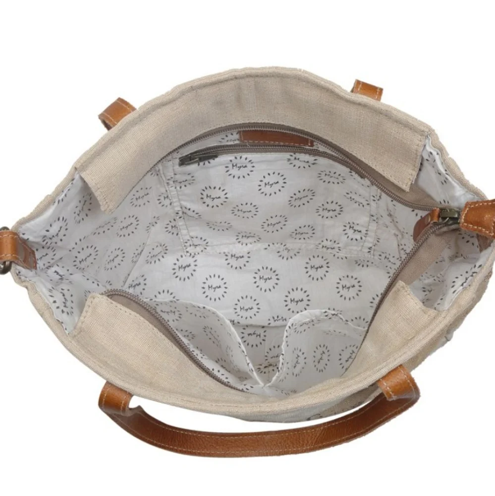 New! Myra Bag Repurposed Jute Canvas And Leather Market Tote Shoulder Bag - Picture 5 of 7